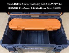 an orange and black case is open to show the inside of the storage compartment, with text reading this listing is for dividers that only fit the ridd pro gear 2 0 medium box