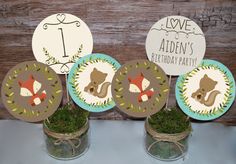 three little mason jars filled with moss and some paper signs that say i love my children's birthday party