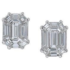 Beautiful stud earrings decorated with invisibly set diamonds. One earring is comprising of 9 pie-cut diamonds weighing a total of 1.08 carats. The other earring is set with 9 pie-cut diamonds weighing a total of 1.09 carats. Each earring has a look equivalent to a 3 carat emerald-cut diamond with E-F color, VS clarity. The backs are decorated with 85 round diamonds with a total weight of 0.27 carats. Total diamond weight is 2.44 carats. Diamonds are all natural, not certified. Metal is 18k whit Lorraine Schwartz Jewelry, Lorraine Schwartz, Beautiful Stud Earrings, Vintage Stud Earrings, One Earring, Diamond Stud Earrings, Jewelry Diamond, Emerald Cut Diamonds, Diamond Stud