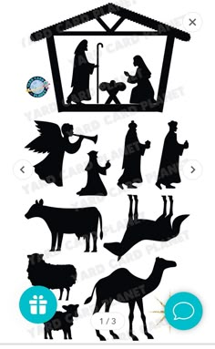 the silhouettes of nativity and christmas scenes are shown in this graphic art file