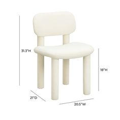 a white plastic chair with measurements for the seat