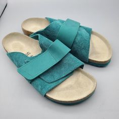 Brand New Without Box $140 Birkenstock Kyoto Suede Slide Comfort Sandals With Adjustable Hook-And-Loop Strap Eur Size 42/ Us Womens 11 Regular Fit Color: Mountain View Green/ Teal Suede/ Leather Green Open Toe Footbed Sandals With Removable Insole, Summer Green Footbed Sandals With Leather Footbed, Green Leather Footbed Sandals For Summer, Casual Blue Slip-on Footbed Sandals, Turquoise Sandals For Summer, Green Footbed Sandals With Removable Insole For Beach, Green Sandals With Cork-bed Midsoles For Summer, Blue Cushioned Footbed Sandals For Summer, Green Flat Footbed Sandals For Beach