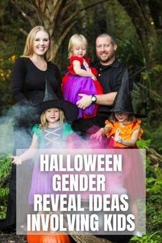 family in halloween costumes with text overlay that reads, halloween genderer reveal ideas involving kids