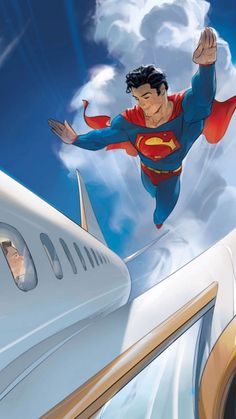 superman flying in the sky above an airplane