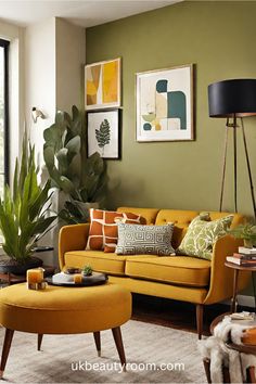 a living room with green walls and yellow furniture