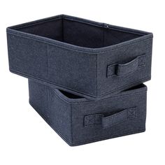 two blue storage bins with handles on each side