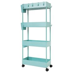 JAKAGO 4-Tier Utility Rolling Storage Cart Slim Mobile Shelves on Wheels Multi-Function Trolley with Mesh Basket Storage Organizer Rack for Kitchen Pantry Bathroom Laundry (Teal) Cart’s Dimensions: 15.75”x7.09”x35.43”, the slim shape makes it fit for many narrow spaces. The clearance between each basket is 7.48 inch, plus the height of the basket 2.76 inch, very suitable for storing tall items. Ample Space: There are 4 baskets in total, the size of basket is 15.75”x7.09”x2.76”, can store a lot of stuff. In addition, there are 3 cups and 4 hooks to hold small things. Sturdy Material: The frame of this storage cart is made of high quality carbon steel, and the baskets are made of ABS plastic. This cart is sturdy and heavy-duty. Easy to Move: Assembled with 4 wheels of 360°rotation, this serv Shelves On Wheels, Mobile Shelving, Rolling Utility Cart, Rolling Storage Cart, Storage Trolley, Rolling Storage, Rolling Cart, Storage Cart, Rack Design