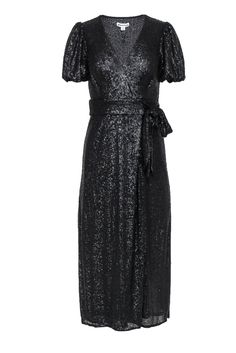 Current Boutique-Whistles - Black Sequin Puff Sleeve Wrap Maxi Dress Sz 2 Glamorous Short Sleeve Maxi Dress For Gala, Glamorous Short Sleeve Maxi Dress For Evening, Evening Maxi Dress With Sequins And Short Sleeves, Chic Sequined Maxi Evening Dress, Glamorous Sequined Midi Dress, Glamorous Midi-length Maxi Dress With Sequins, Chic Sequined Maxi Dress For Party, Chic Festive Dress With Contrast Sequin, Sequin Maxi Dress For Fall