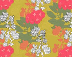 an orange and pink floral pattern with green leaves on a yellow background that is very similar to the same color scheme