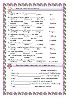 an english worksheet with pink flowers and green leaves