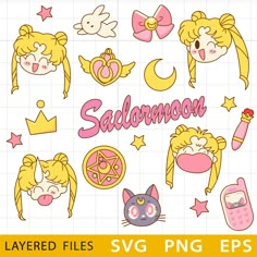 sailor moon and other cartoon characters with the word sailor moon written in pink on it