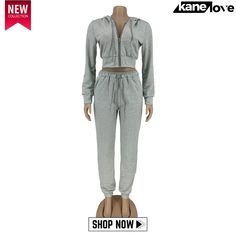 Spring Grey Crop Top and Pants Hoody Tracksuit Hooded Loungewear Sets With Pockets, Casual Solid Hooded Sets, Casual Solid Color Hooded Set, Fitted Hoodie With Pockets For Loungewear, Hooded Tracksuit For Spring, Spring Hooded Tracksuit For Leisure, Casual Hooded Loungewear Sets, Spring Tracksuit With Drawstring Hood In Solid Color, Casual Hooded Winter Set