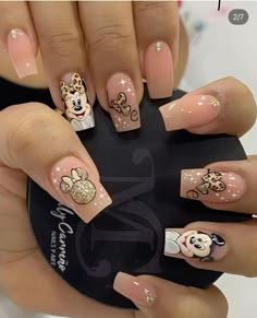 Cute Disney Nail Designs, Mickey And Minnie Nails, Minnie Mouse Nail Art, Exotic Nail Designs, Mickey Mouse Nail Art, Pink Tip Nails, Mickey Mouse Nails