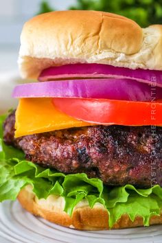 a hamburger with lettuce, tomato, onion and cheese on a white plate