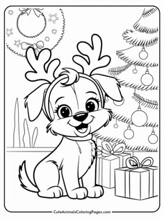 Colouring Pages For Kids Printables, Christmas Colouring Printables, Dog Colouring, December Coloring Pages, Christmas Gift Drawing, Dog Coloring Pages Free Printable, Xmas Coloring Pages, Cute Christmas Coloring Pages, Cute Animals Coloring Pages