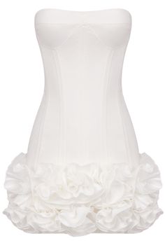 Strapless Corset Floral Ruffle Dress White DESIGN: Color: White Strapless design Sleeveless Bustier detail Corset design Ruffle detail Exposed zipper at back Gentle Dry Clean Only Length: Mini MATERIAL: Polyester + Cotton Delicate sewing and hemming by durable needle lockstitch machine. YKK zipper (known as the most durable and reliable zippers manufactured today). To maintain the beauty of your garment, please follow the care instructions on the attached label. Colour may vary due to lighting on images. The product images (without model) are closest to the true color of the item.     * Order one size up for a relaxed fit. * Pay special attention on measurements to ensure proper fit. * If you are between two sizes the larger one is recommended.        &nb Fall Going Out Outfits, Ruffle Dress White, Dress With Roses, September Outfits, White Corset Dress, Long Sleeve Bandage Dress, Dresses Hoco, Corset Dresses, Dresses Corset