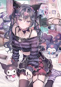 by @/momoco_haru on twitter Yami Kawaii Art, Animes Emo, Anime Sanrio, Walpaper Hello Kitty, Black Pink Background, Barbie Fashion Royalty, Games Characters, Cute Galaxy Wallpaper, Funny Baby Videos