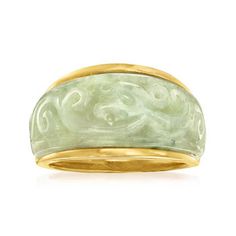 Ross-Simons - Carved Jade Ring in 18kt Gold Over Sterling. Size 7. With its gorgeous signature hue and calming aura, jade is a favorite among style seekers. On this ring, 23x10mm jade is beautifully carved and set in polished 18kt yellow gold over sterling silver with glossy prominent borders that add a classic look. 1/2" wide. Jade ring. Zelda Au, Brown Diamond Ring, Jewelry Presentation, Pinky Rings, Double Hoop Earrings, Sweet Jewelry, Lapis Ring, Carved Jade, The Big One