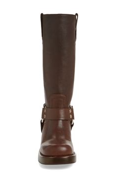 Durable leather and  O-ring details heighten the Western vibe of this tall boot styled with a stacked block heel for added stability. 2 1/2" heel (size 8.5) 12" shaft; 15 1/2" calf circumference Side zip closure Leather upper and lining/rubber sole Imported Western Boots Women, Tall Boot, Western Boot, Tall Boots, Jeffrey Campbell, Brown Boots, O Ring, Western Boots, Fashion Boots