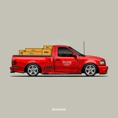 a red pick up truck with boxes on it's flatbed and side view