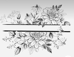 some flowers and leaves are drawn in black and white ink on a sheet of paper