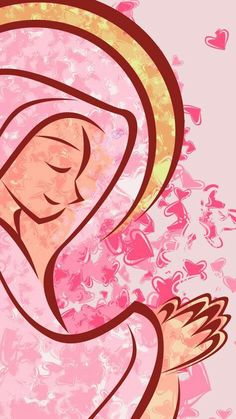 an image of the virgin mary in pink and gold with hearts around her, on a pink background