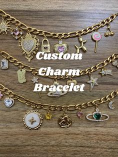 HOW TO ORDER 1. Message me and ask which charms are available  2. You can circle the charms you like from the picture and choose which order they go in on the bracelet  3. Purchase the listing after I double check if the charms you like are available, then we will figure out the layout of the charms on the chain  4. I will show you the finished piece before shipping it  It can take up to 10 days to make, please respond promptly so that I can make it faster and have it ready for you on time About Personalized Round Metal Charm Bracelet, Customizable Metal Bracelet Jewelry, Customizable Gold Charm Bracelet, Customizable Gold Metal Charm Bracelet, Customizable Gold Round Charm Bracelet, Customizable Round Gold Charm Bracelet, Metal Charm Bracelets For Jewelry Making, Gift Charm Bracelet With Dangling Charms, Metal Bracelets With Removable Charms For Jewelry Making