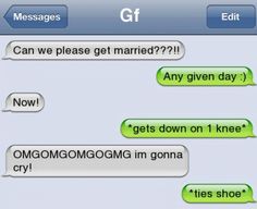 two texts that are being shared on the same cell phone, one is asking someone to get married