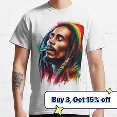 Standard fit with double-needle hems for durability. Solid colors are 100% preshrunk cotton, heather colors are cotton blend. Range of colors available, with the option to print on front or back. Size range S-3XL, suitable for men and women. Bob Marley, was a messenger of peace, a symbol of resistance and an artist whose legacy lives on through his timeless music. Bob Marley One Love, Bob Marley Music, Reggae Bob Marley, One Love, Bob Marley, Music Lovers, A Symbol, An Artist, Solid Colors