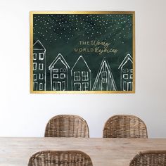 a wooden table with wicker chairs in front of a chalkboard that says the merry world belongs