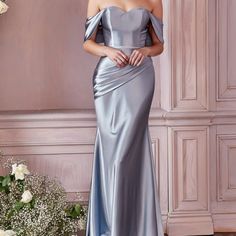 Satin Strapless Fitted Gown Color Dusty Blue Metallic Prom Dresses, Satin Party Dress, Formal Prom Dresses Long, Fitted Gowns, Cinderella Divine, Off Shoulder Gown, Elegant Prom, Unique Prom Dresses, Elegant Prom Dresses