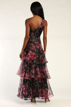 Black Floral Dress - Tiered Maxi Dress - One-Shoulder Dress - Lulus Floral Print Organza Prom Dress, Fitted Organza Maxi Evening Dress, Organza Floral Print Prom Dresses, Floral Print Organza Dresses For Prom, Organza Prom Dress With Floral Print, Fitted Organza Maxi Dress, Spring Formal Organza Maxi Dress, Spring Formal Maxi Dress In Organza, Floor-length Floral Print Organza Dress