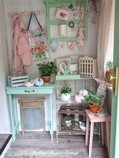 a room filled with lots of furniture and plants on top of it's shelves