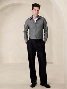 Designed for ease of wear and care, this sleek dress shirt employs a special cotton fabric with PUREPRESS™ cotton technology, a special process that smooths and protects the fabric, resulting in a wrinkle-resistant finish.  Standard fit.  Spread collar.  Shirttail hem.  Standard fit.  Long sleeves.  Hip length.  Model: Size M, 6'2" (188cm). Elegant Wrinkle-resistant Work Tops, Elegant Wrinkle-resistant Tops For Work, Wrinkle-resistant Tops For Spring Workwear, Spring Wrinkle-resistant Workwear Tops, Spring Wrinkle-resistant Tops For Workwear, Elegant Collared Dress Shirt With Relaxed Fit, Elegant Cotton Dress Shirt For Work, Elegant Relaxed Fit Collared Dress Shirt, Elegant Long Sleeve Wrinkle-resistant Tops