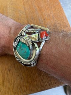 Native American Old Pawn Silver Turquoise and Red Coral Cable Cuff Bracelet measuring approx 7" interior circumference and 2" wide Old Pawn Native American Jewelry, Athens Ga, Bike Lights, Red Coral, Silver Turquoise, Athens, Cuff Bracelet, Nativity, Cuff Bracelets