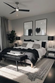 Dream Bedroom Black And White, Apartment Aesthetic Bedroom Dark, Bedroom Inspirations Grey And Black, Room Ideas Bedroom Neutral, Grey Headboard Bedroom Aesthetic, Bedroom Floor Decor Ideas, Gray Bedroom Flooring Ideas, Grey Bedroom Decoration Ideas, Black White Gray Apartment