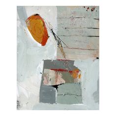 an abstract painting with white, orange and grey colors