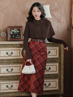 Material:  polyester      Please check the measurement before purchase     Model Information: Height/Weight: 163cm/46kg; Bust/Waist/Hip: 82cm/65cm/86cm. The model is wearing a size S.             Size (cm)- skirt   Length   Waist   Hip       S   79   64   /       M   80   68   /       L   81   72   /       Please allow ±3cm error. Long Red Skirt Outfit, Romantic Fall Outfits, Red Plaid Skirt Outfit, Plaid Long Skirt, Long Plaid Skirt, Red Plaid Skirt, Long Skirt Outfits, Color Coffee, Red Long Sleeve