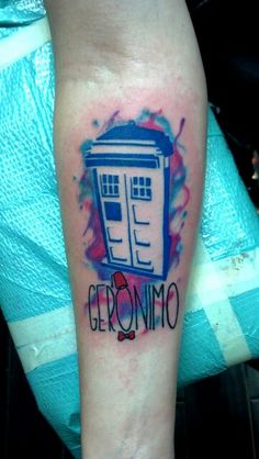 a tattoo with the word geronimo on it and a doctor who appears to be holding an apple