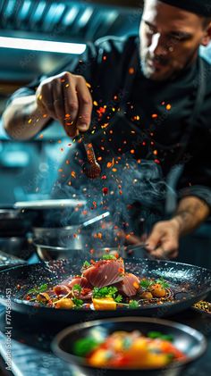 a man cooking food in a kitchen on top of a stove