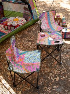 Folding Camp Chairs & Table Set - Folk Flower Patchwork-view 1 Festival Camping Setup, Beach Shade Tent, Camping Dinner, Camp Chairs, Flower Patchwork, Patchwork Chair, Shade Tent, Camping Dinners, Camping Set Up