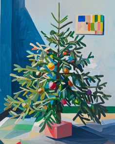 a painting of a small christmas tree on a table