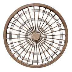 a round wooden table with metal rods on it's sides and a white background