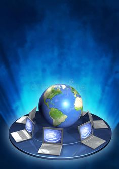 the earth surrounded by laptops on a blue background royalty illustration