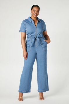 Fashion Jumpsuits, Plus Size Denim, Stretch Denim Fabric, Jumpsuit Fashion, Denim Jumpsuit, Tie Belt, Denim Fabric, Zip Up, Stretch Denim