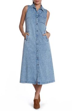 The denim dress gets a summery style-up with a sleeveless silhouette and a soft fabrication enriched with lyocell and cotton. Front button closure Spread collar Sleeveless Chest patch pocket; front welt pockets 62% lyocell, 20% cotton, 12% polyester, 5% rayon, 1% spandex Machine wash, tumble dry Imported Summer Denim Blue Relaxed Fit Denim Dress, Relaxed Fit Denim Blue Denim Dress For Summer, Summer Relaxed Fit Denim Blue Denim Dress, Blue Relaxed Fit Denim Summer Dress, Blue Relaxed Fit Denim Dress For Summer, Summer Midi-length Denim Dress With Pockets, Summer Midi Denim Dress With Pockets, Denim Blue Relaxed Fit Summer Dress, Denim Blue Relaxed Fit Dress For Summer