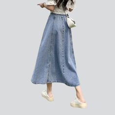 Introducing our street-inspired. fit & flare. rock-washed denim skirt from the 2023 Spring-Summer Collection ââ‚?the perfect expression of street style!Why You'll Love This SkirtTextured to keep you fashion-forward and comfy. this skirt is all about merging classic denim trend with contemporary street style. With its tall-waist and silhouette & flare silhouette. you get the perfect blend of comfort and fashion. Plus. the stonewashed look is perfect for adding a distinct retro-inspired mode to yo Edgy Jeans, Denim Skirts Online, Flared Denim Skirt, Womens Denim Skirts, Denim Jacket Fashion, Street Jeans, Long Denim Skirt, Fit And Flare Skirt, Jeans Skirt