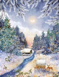 a painting of some animals in the snow