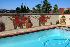 an outdoor swimming pool with potted plants on the wall and above it is a basketball hoop