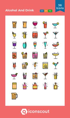 alcohol and drink icons are shown in this colorful poster, which includes different types of drinks